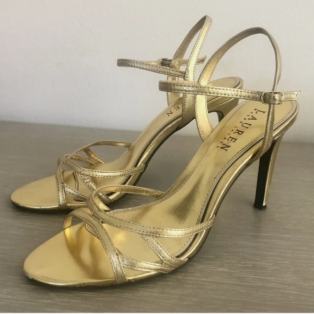 Ralph Lauren Gold Sammy Leather Strappy High Heel Sandals